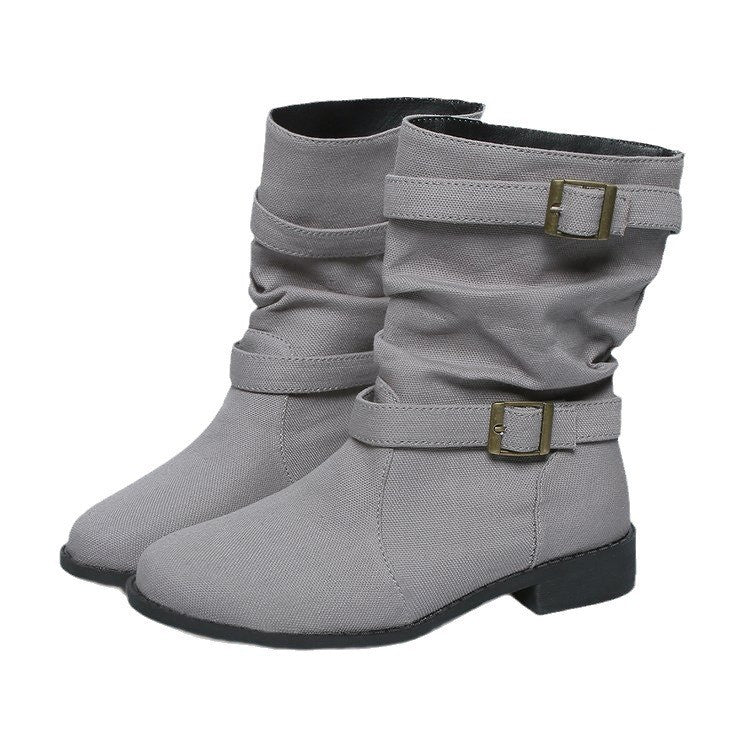 Slouchy Buckle Strap Mid Calf Boots