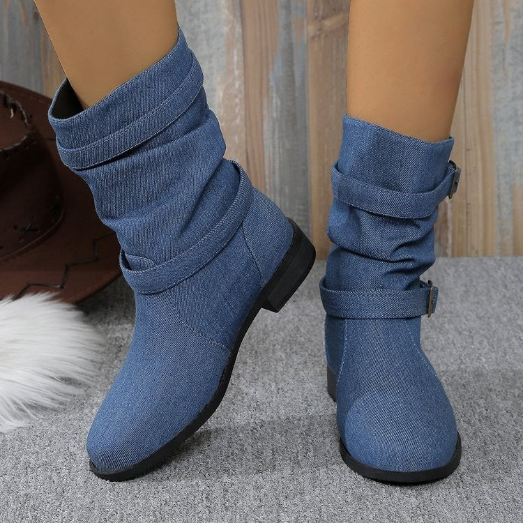 Slouchy Buckle Strap Mid Calf Boots