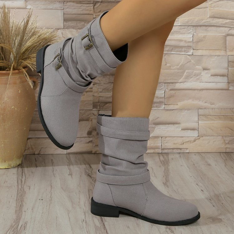 Slouchy Buckle Strap Mid Calf Boots