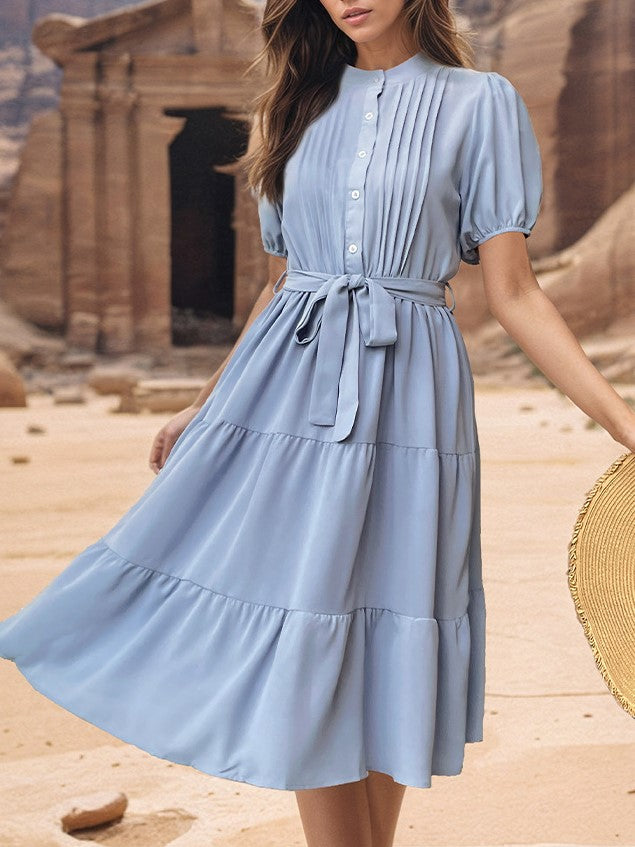 Pintuck Mock Neck Tiered Midi Dress - Blue