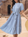 Pintuck Mock Neck Tiered Midi Dress - Blue