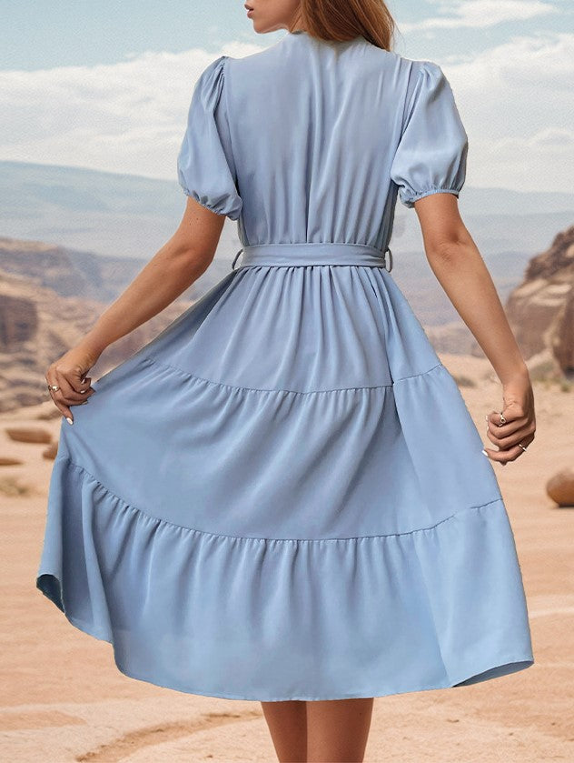 Pintuck Mock Neck Tiered Midi Dress - Blue - 1