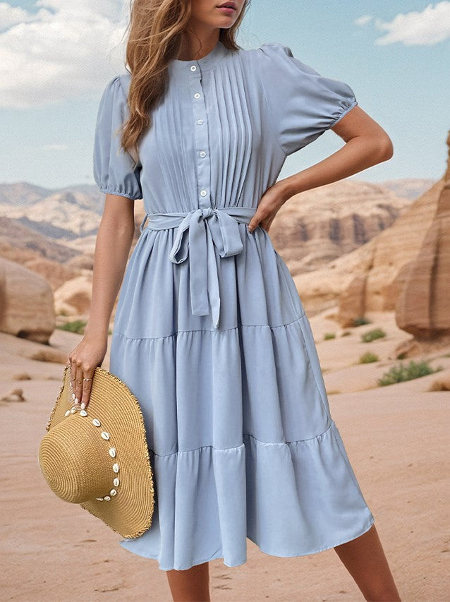 Pintuck Mock Neck Tiered Midi Dress - Blue - 2