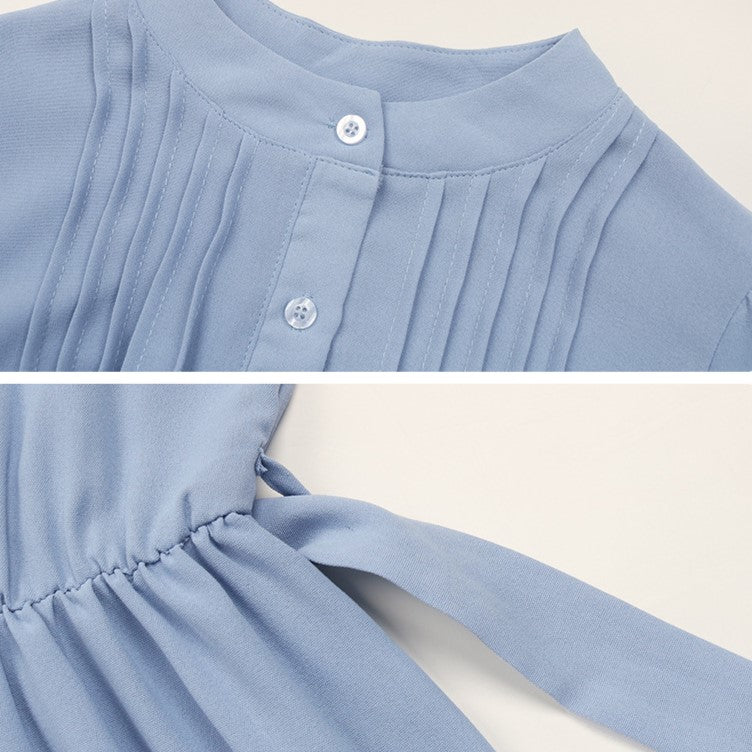 Pintuck Mock Neck Tiered Midi Dress - Blue - 3