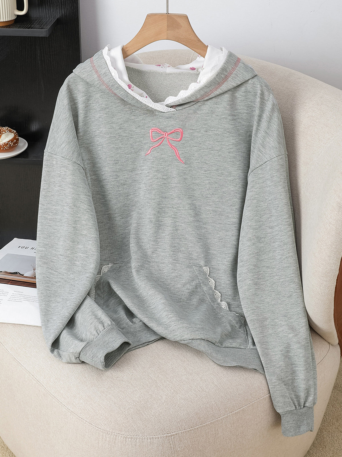 Lace Trim Bow Embroidered Hoodie - Grey