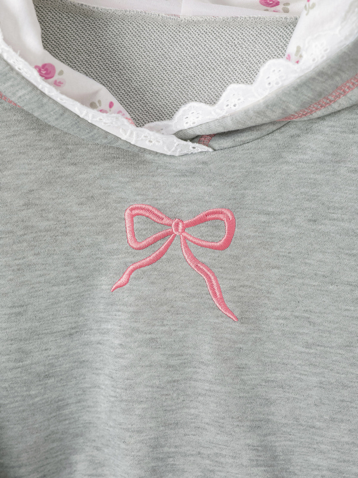 Lace Trim Bow Embroidered Hoodie - Grey - 1
