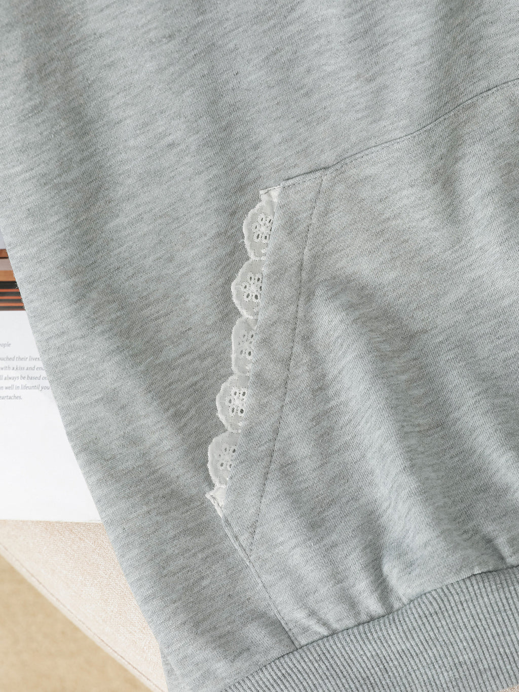 Lace Trim Bow Embroidered Hoodie - Grey - 2