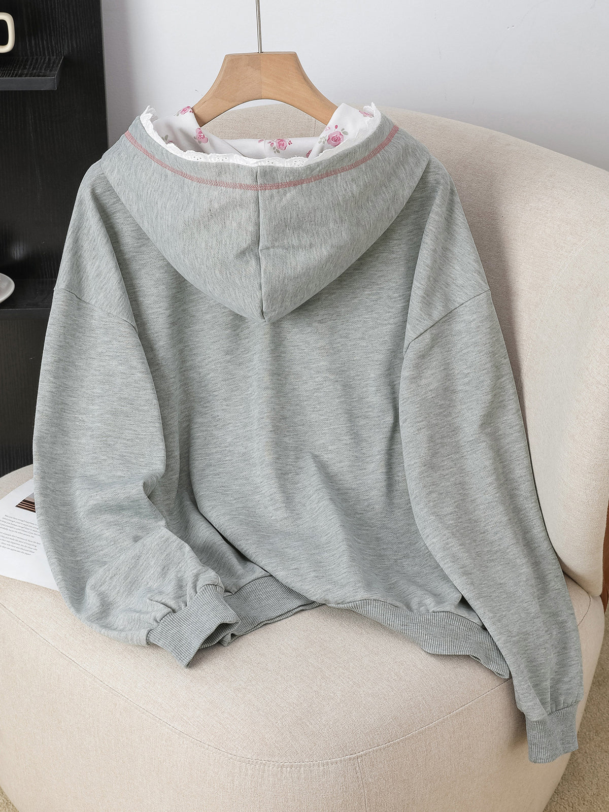 Lace Trim Bow Embroidered Hoodie - Grey - 3