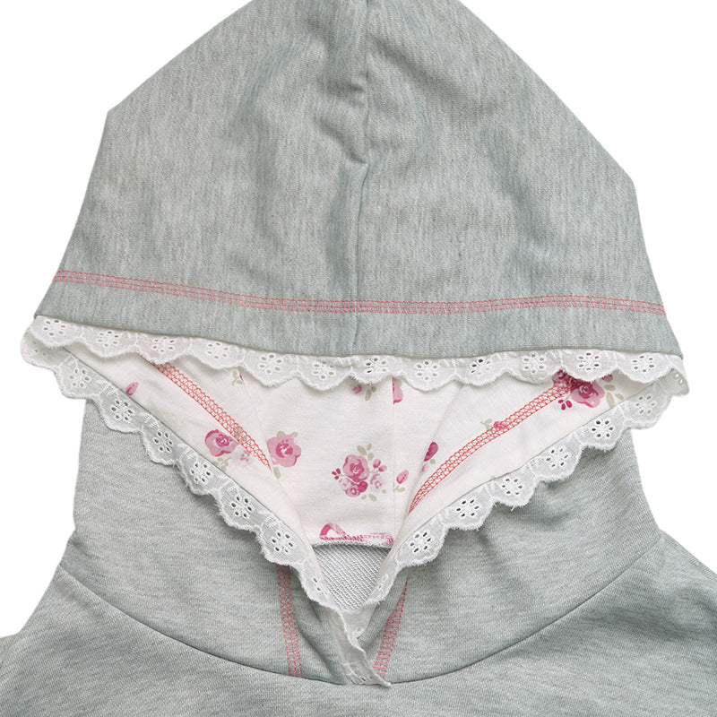 Lace Trim Bow Embroidered Hoodie - Grey - 4
