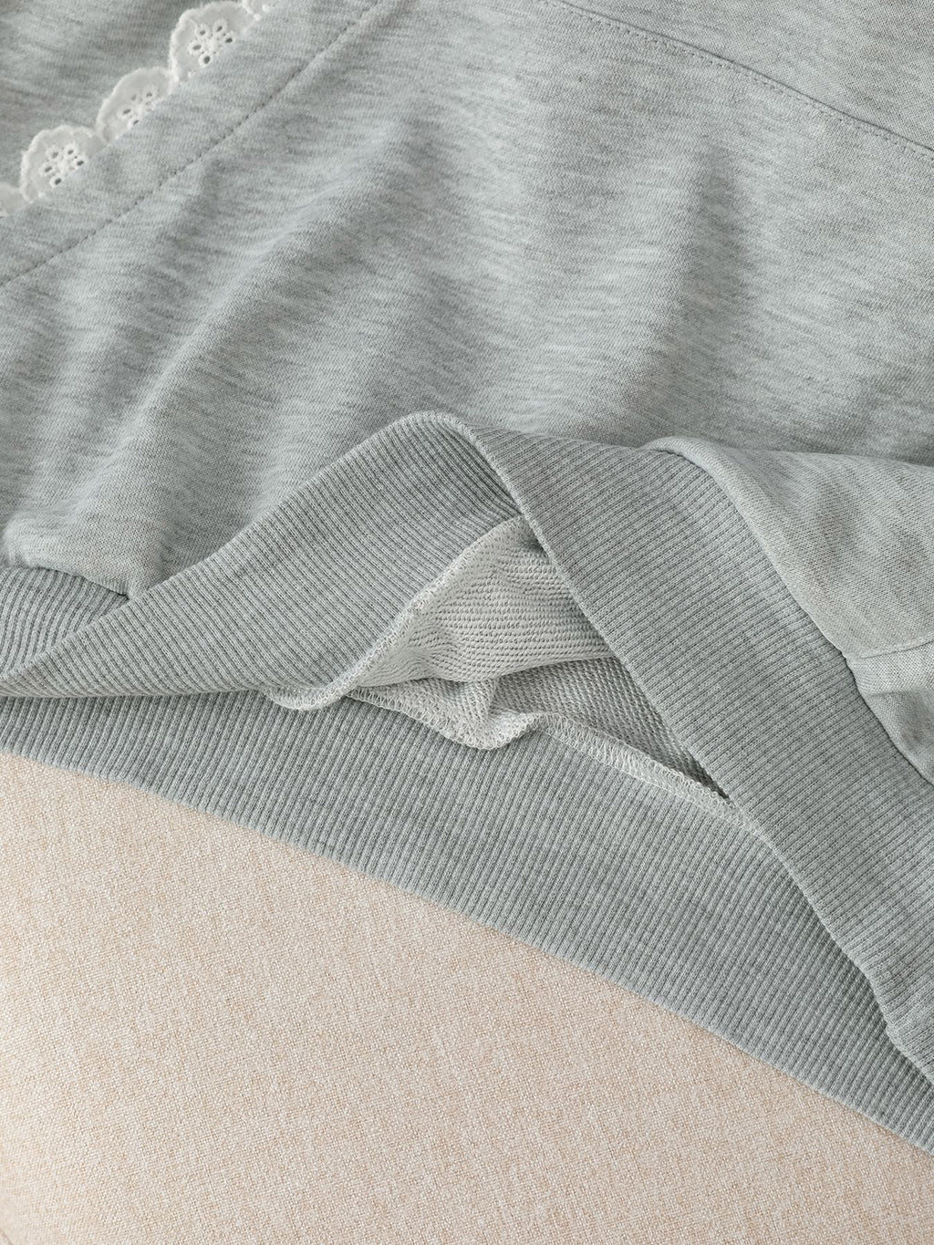 Lace Trim Bow Embroidered Hoodie - Grey - 5