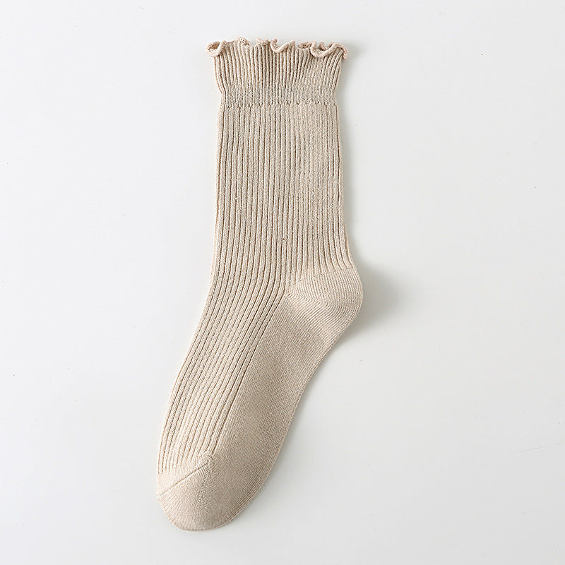 Solid Ribbed Lettuce Edge Socks - Apricot_M