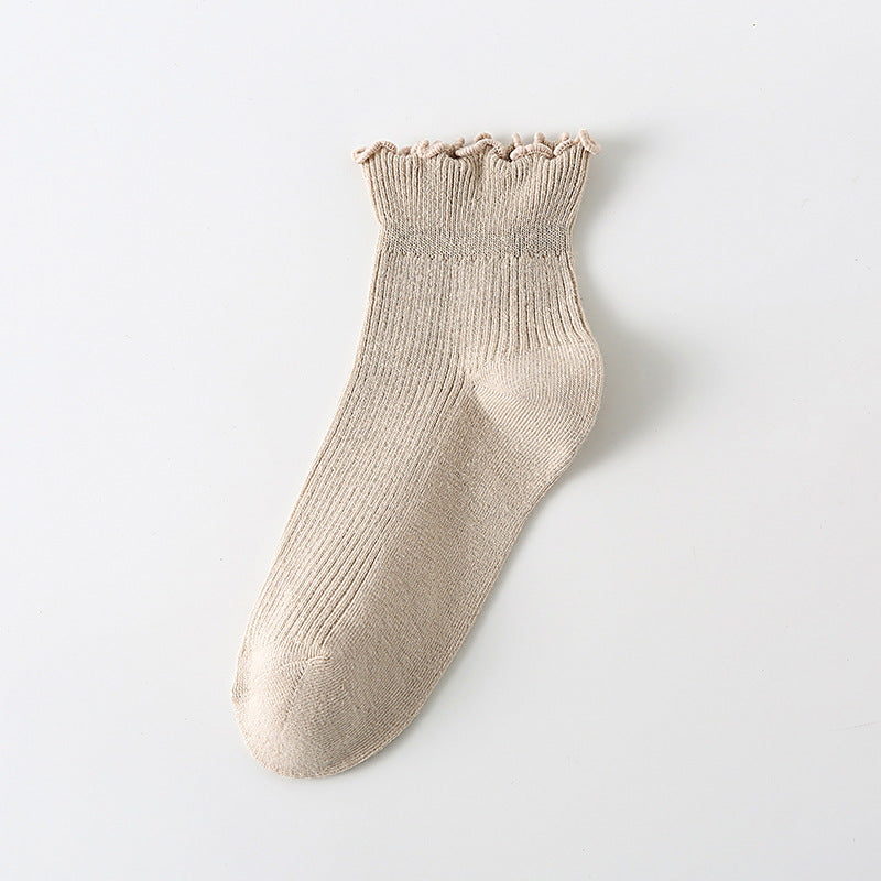 Solid Ribbed Lettuce Edge Socks - Apricot_S