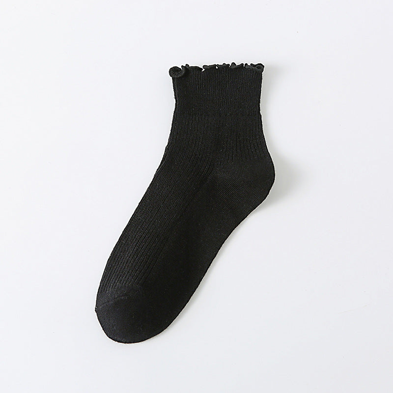 Solid Ribbed Lettuce Edge Socks - Black_