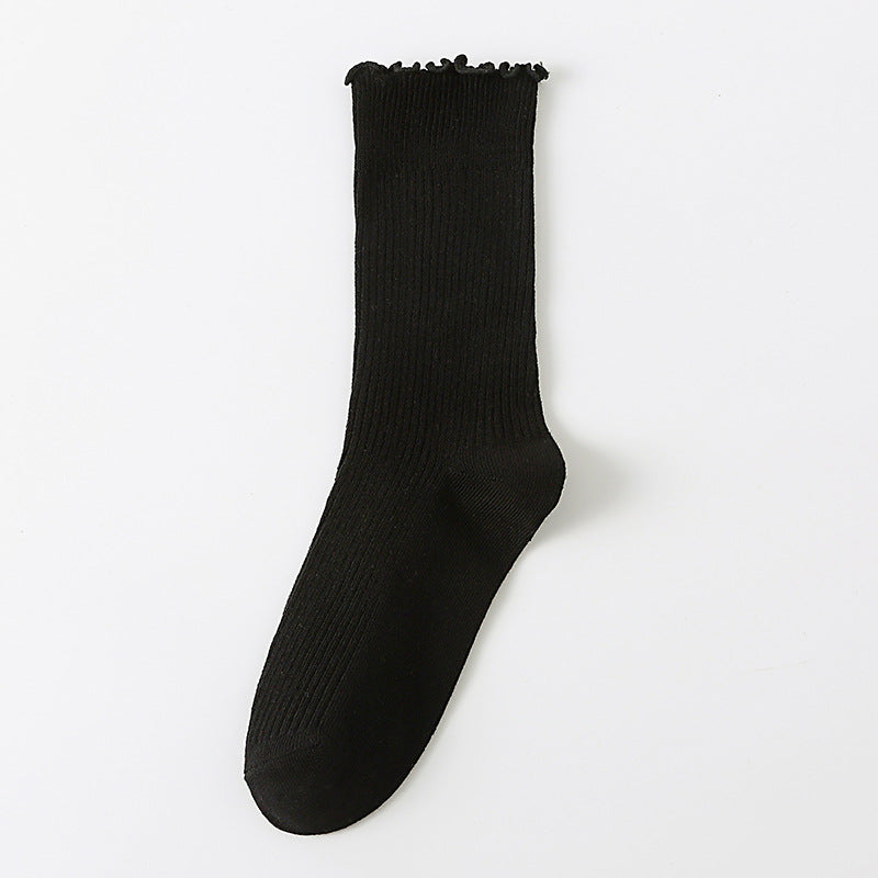 Solid Ribbed Lettuce Edge Socks - Black_M