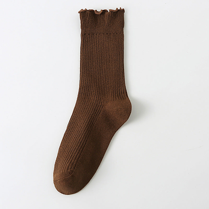 Solid Ribbed Lettuce Edge Socks - Coffee_M