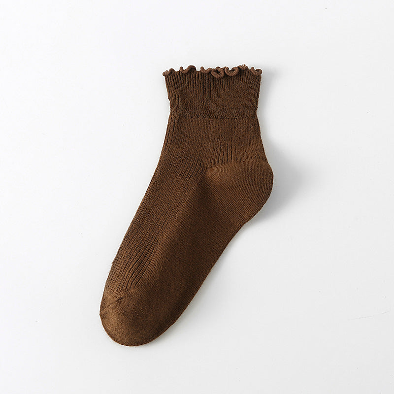 Solid Ribbed Lettuce Edge Socks - Coffee_S