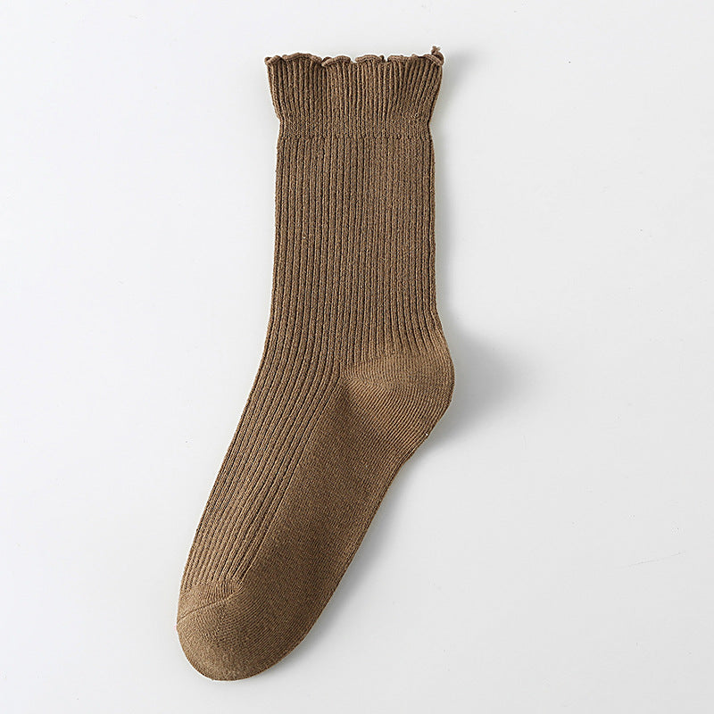 Solid Ribbed Lettuce Edge Socks - Khaki_M