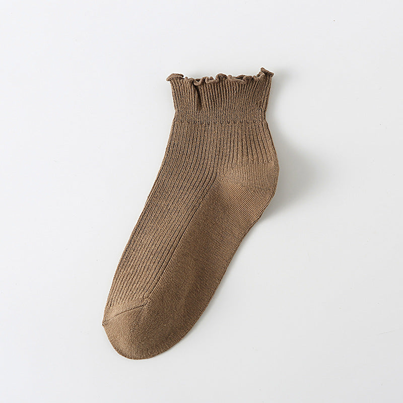 Solid Ribbed Lettuce Edge Socks - Khaki_S