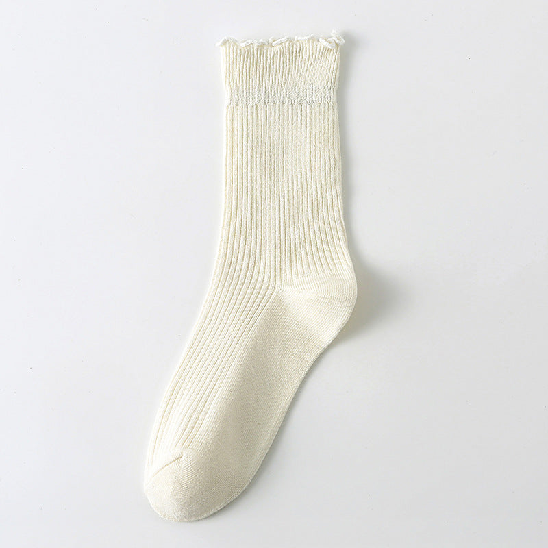 Solid Ribbed Lettuce Edge Socks - MilkWhite_M