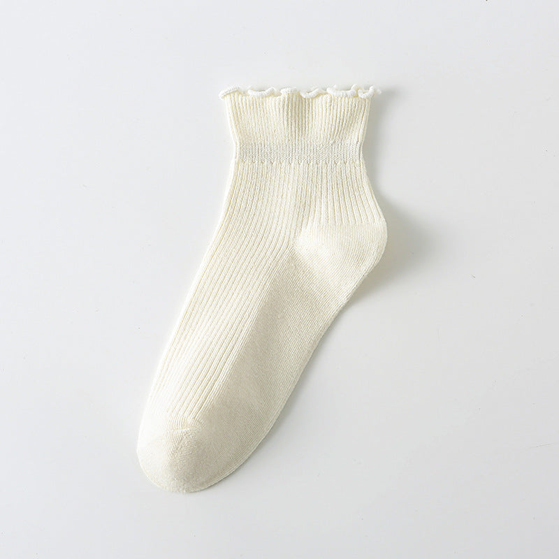 Solid Ribbed Lettuce Edge Socks - MilkWhite_S