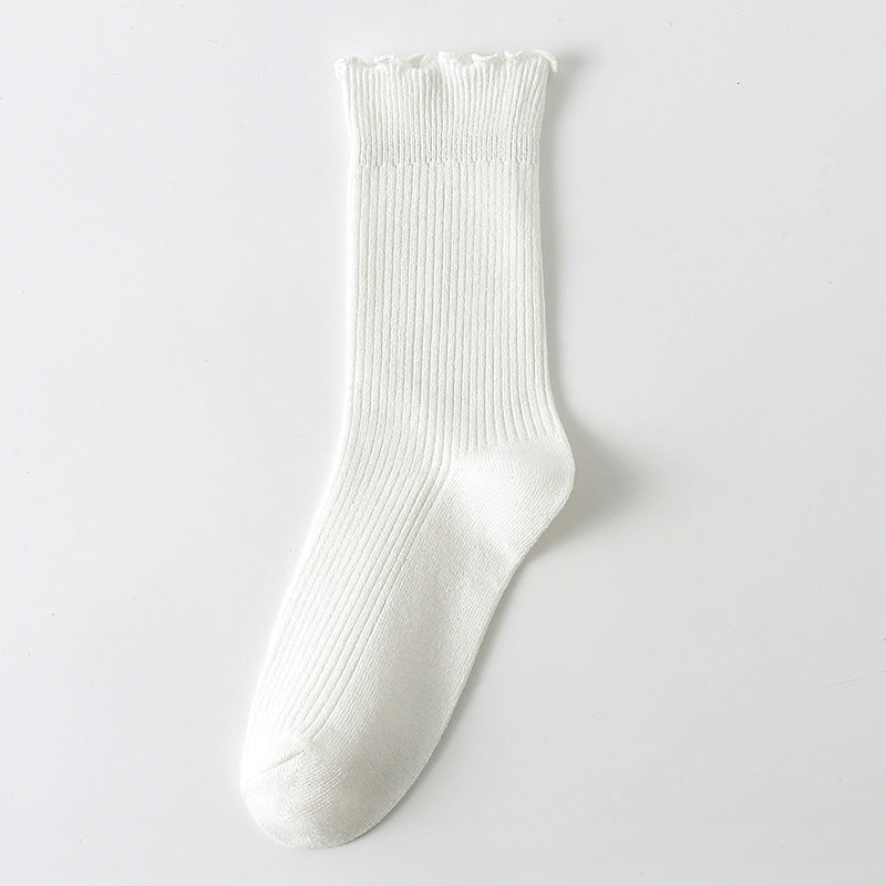 Solid Ribbed Lettuce Edge Socks - White_M