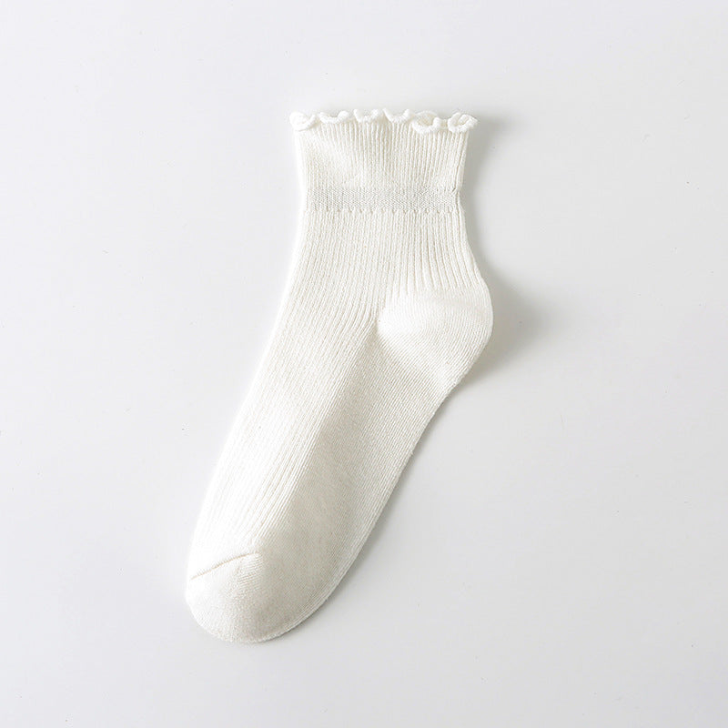 Solid Ribbed Lettuce Edge Socks - White_S
