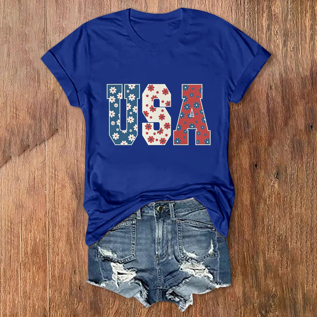 Patriotic USA Letter Print Cotton Tee - Blue