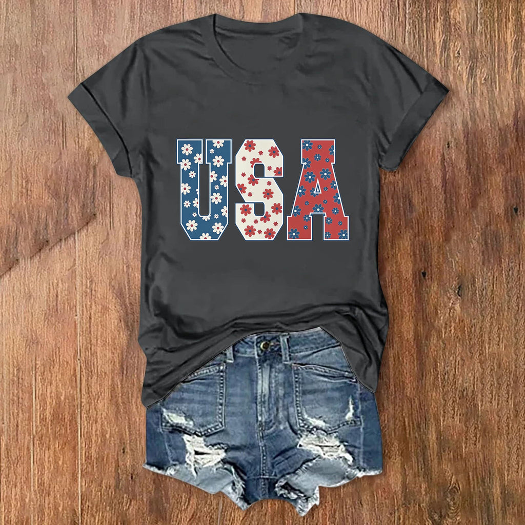 Patriotic USA Letter Print Cotton Tee - DarkGray
