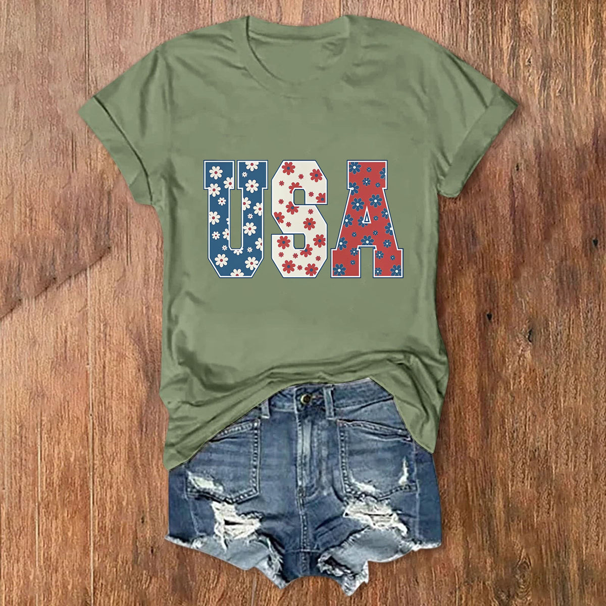 Patriotic USA Letter Print Cotton Tee - Green