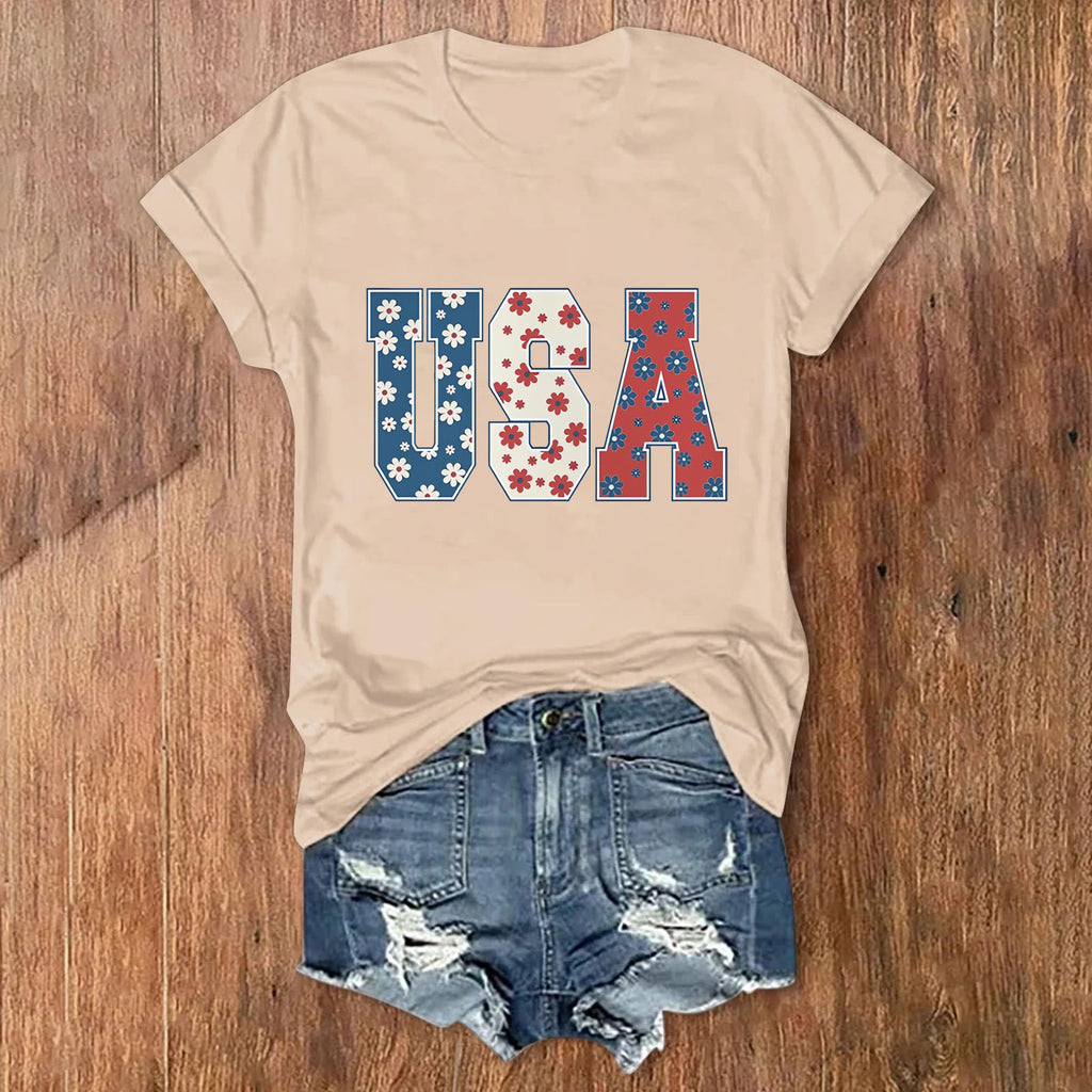 Patriotic USA Letter Print Cotton Tee - Khaki
