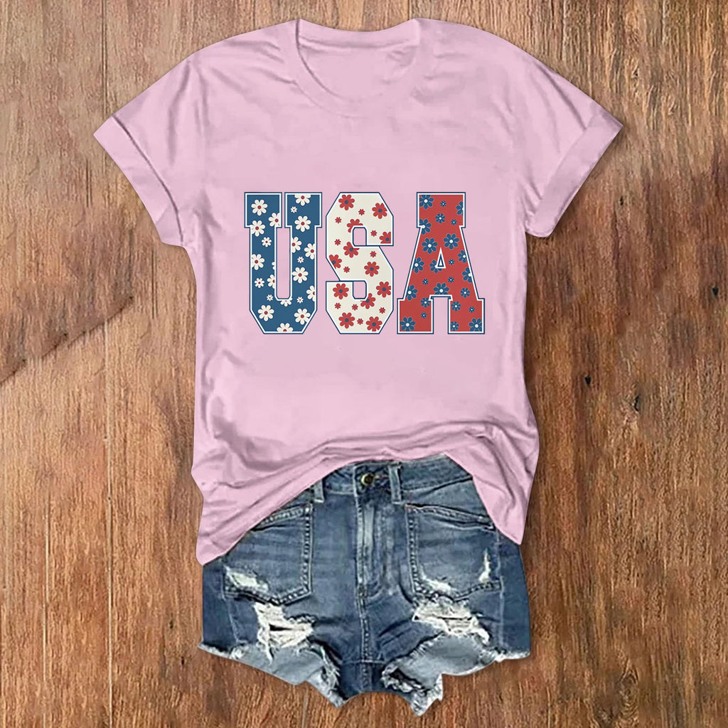 Patriotic USA Letter Print Cotton Tee - Pink