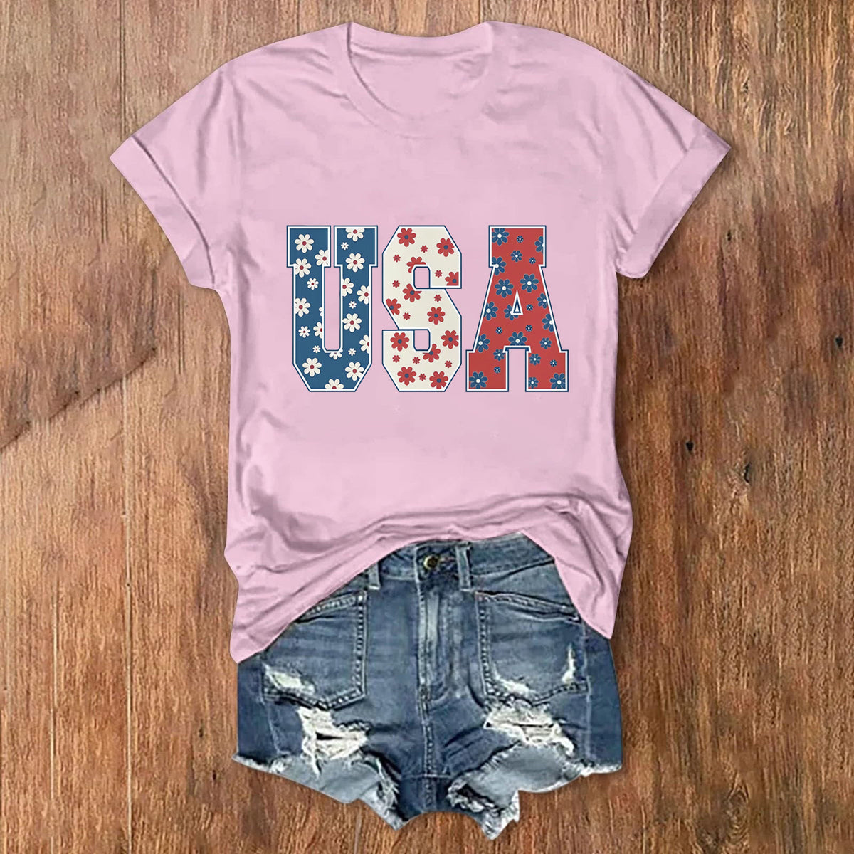 Patriotic USA Letter Print Cotton Tee - Pink