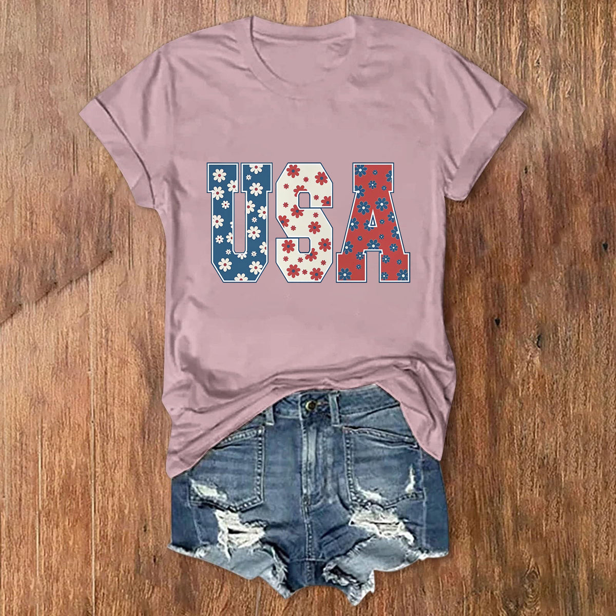 Patriotic USA Letter Print Cotton Tee - Purple
