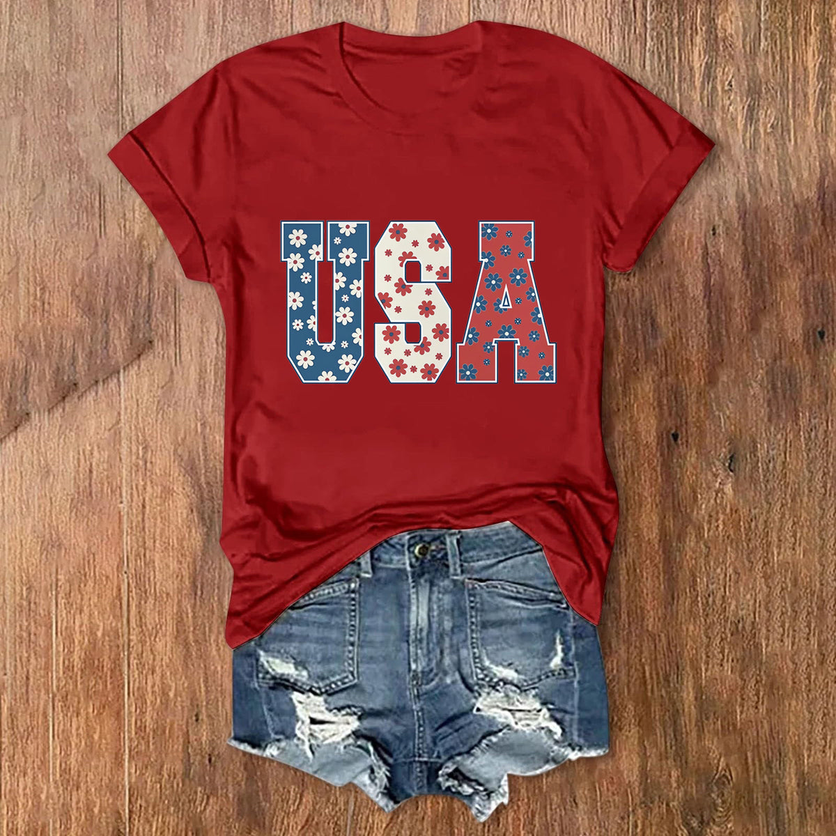 Patriotic USA Letter Print Cotton Tee - Red