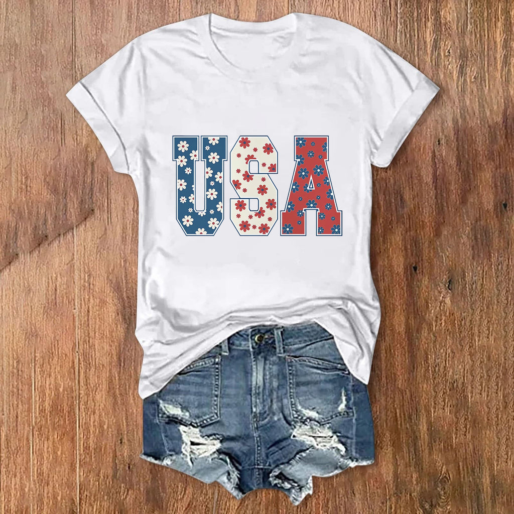 Patriotic USA Letter Print Cotton Tee - White