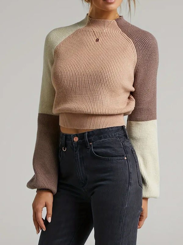 Colorblock Balloon Sleeve Cropped Mock Neck Sweater - Khaki