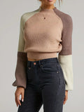 Colorblock Balloon Sleeve Cropped Mock Neck Sweater - Khaki