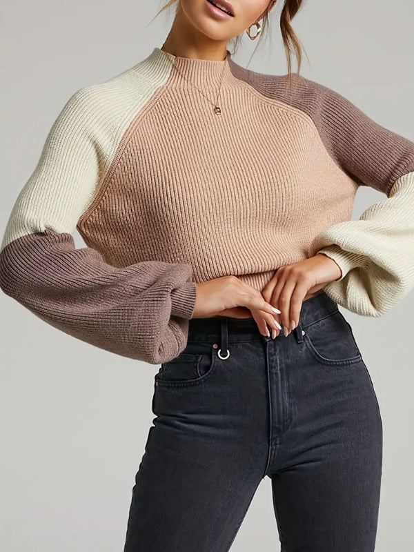 Colorblock Balloon Sleeve Cropped Mock Neck Sweater - Khaki - 1