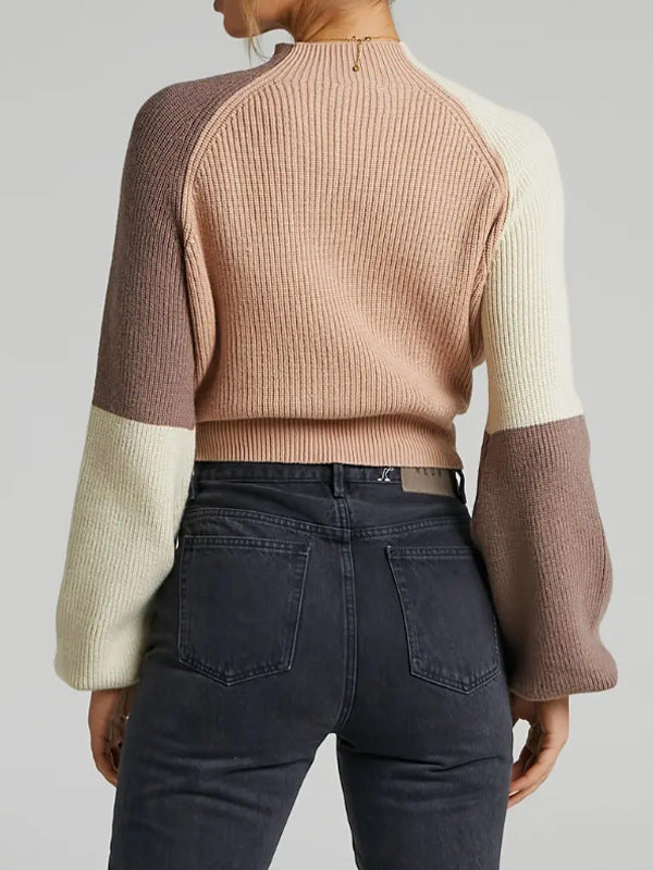 Colorblock Balloon Sleeve Cropped Mock Neck Sweater - Khaki - 2