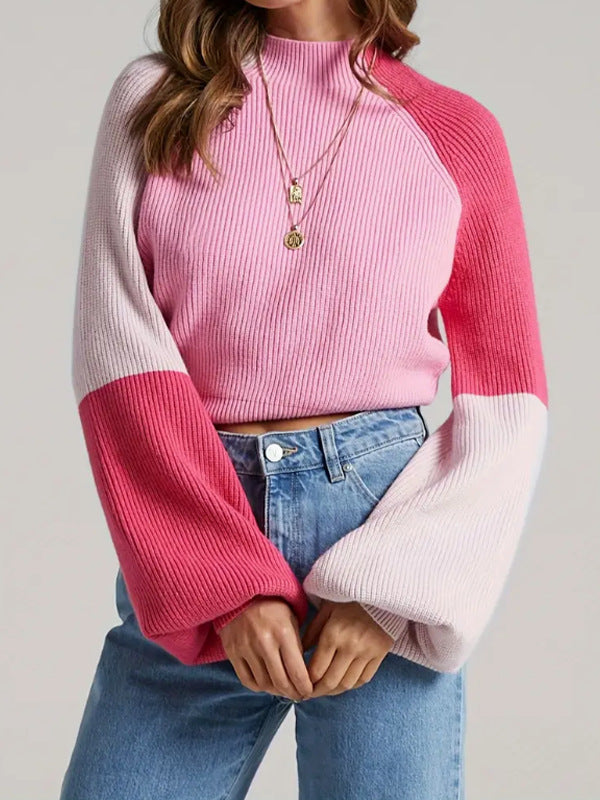 Colorblock Balloon Sleeve Cropped Mock Neck Sweater - Pink