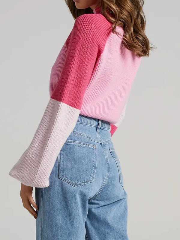 Colorblock Balloon Sleeve Cropped Mock Neck Sweater - Pink - 2