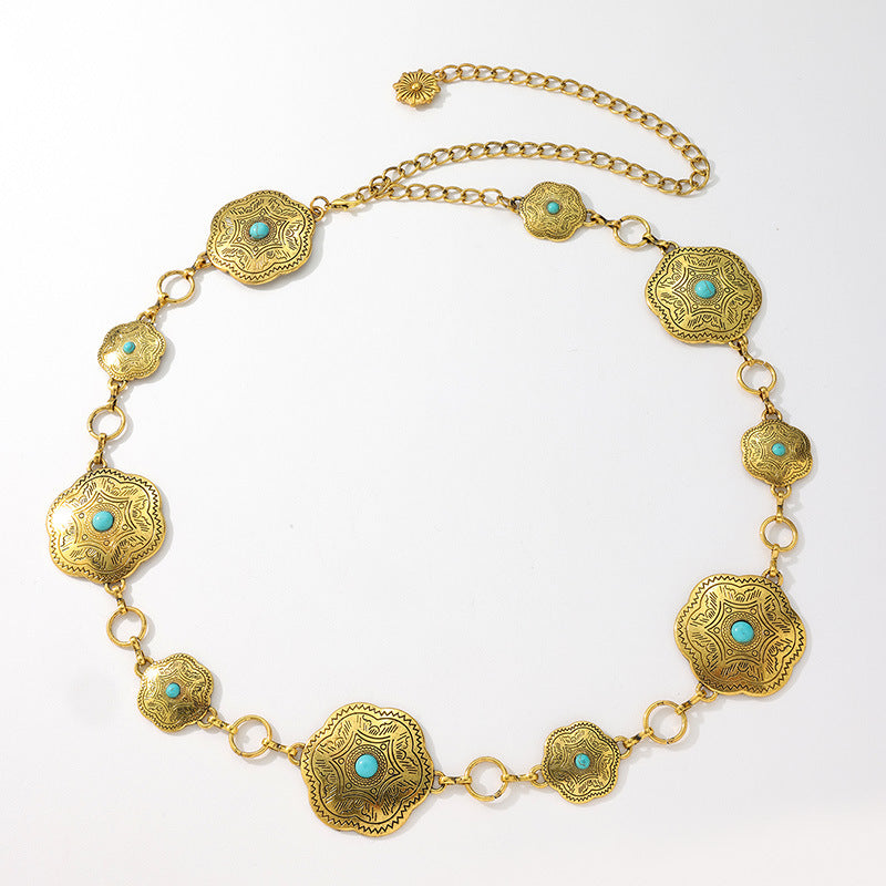 Western Concho Turquoise Chain Belt - Gold