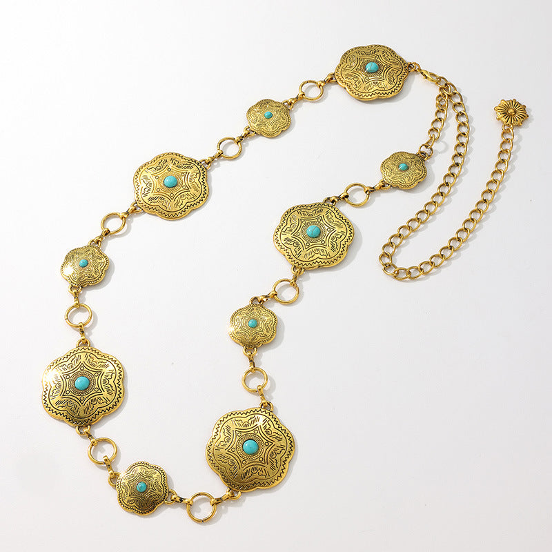 Western Concho Turquoise Chain Belt - Gold - 1