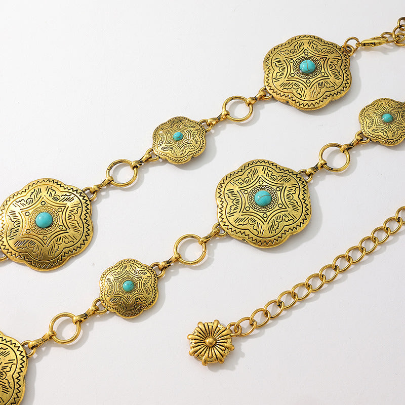 Western Concho Turquoise Chain Belt - Gold - 2