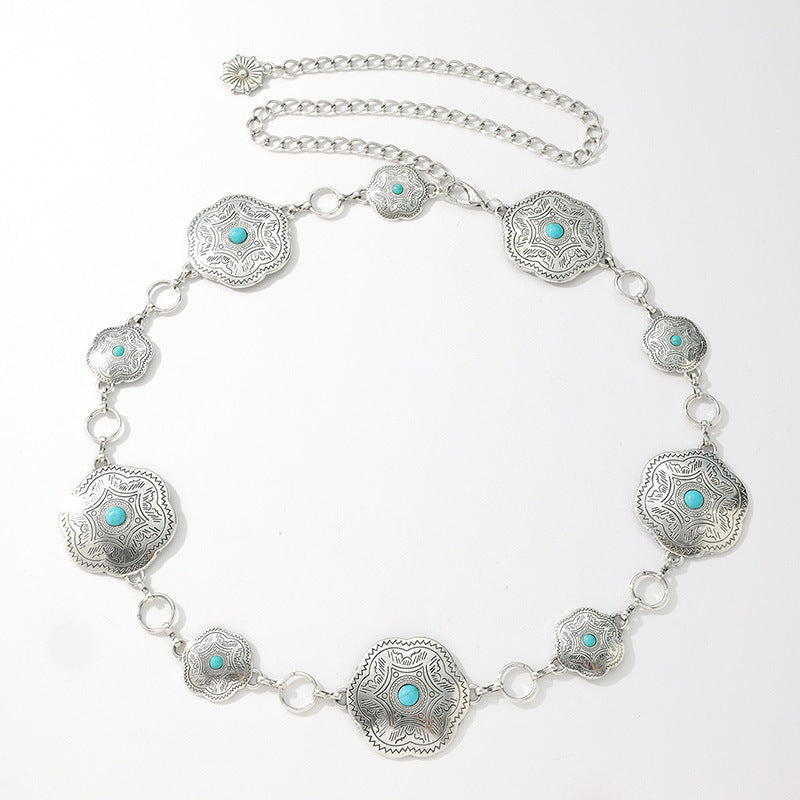 Western Concho Turquoise Chain Belt - Silvery