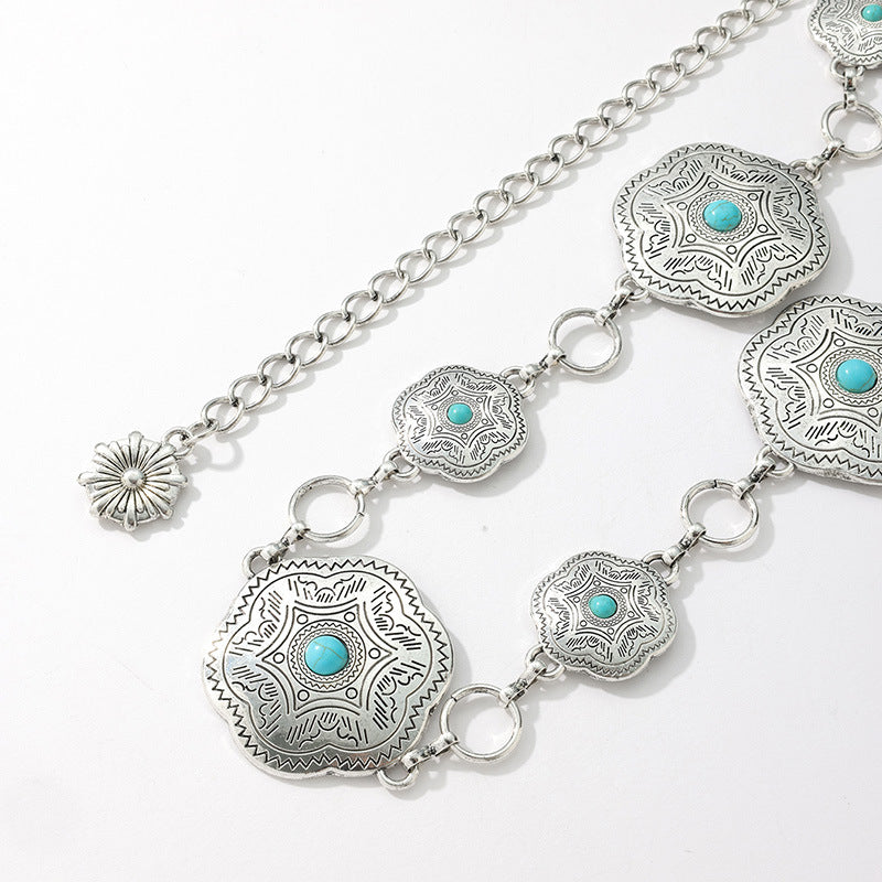 Western Concho Turquoise Chain Belt - Silvery - 1