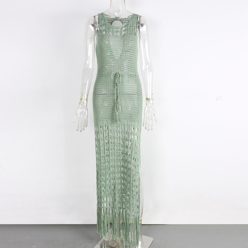 Tassel Hem Open Crochet Maxi Dress - Green - 2