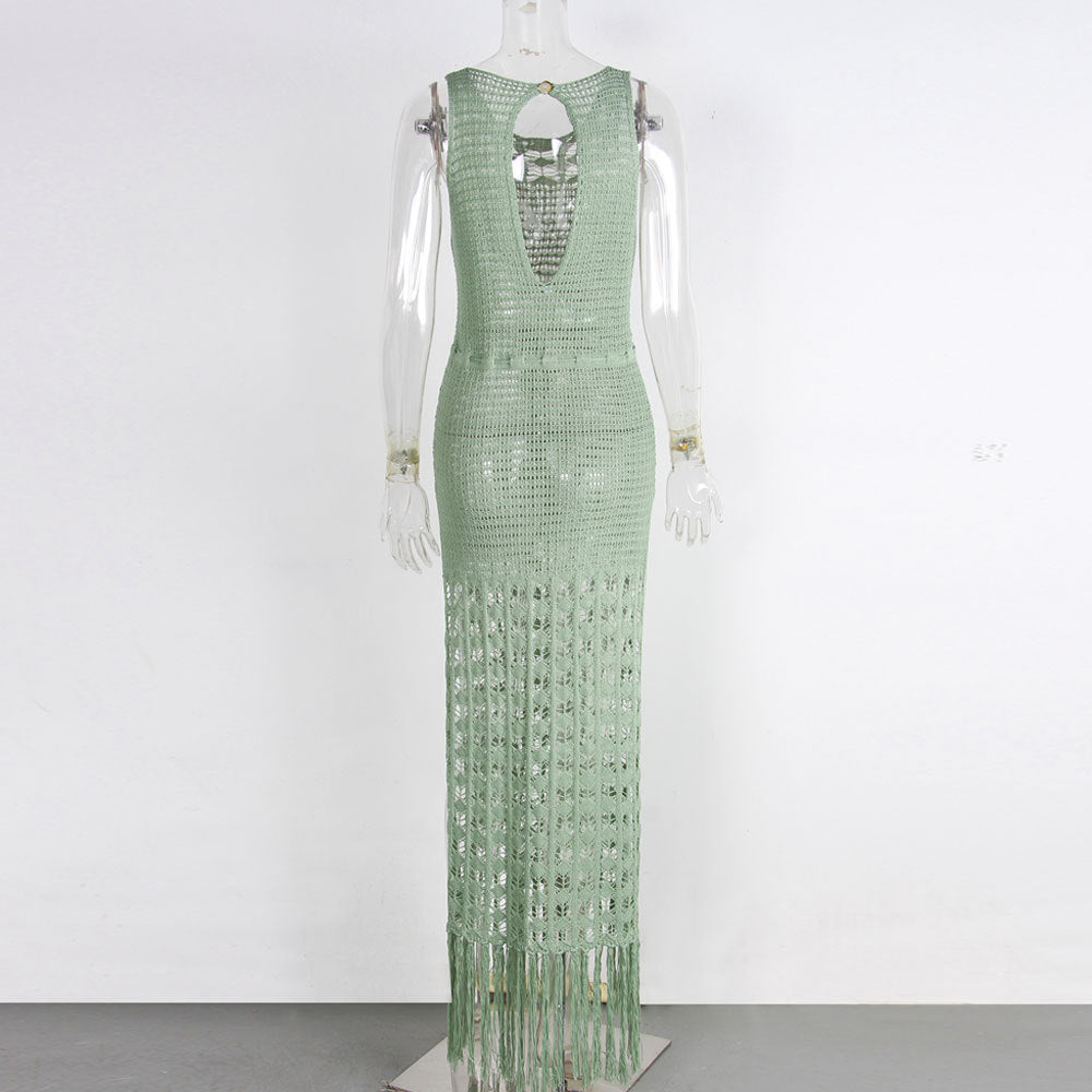 Tassel Hem Open Crochet Maxi Dress - Green - 3