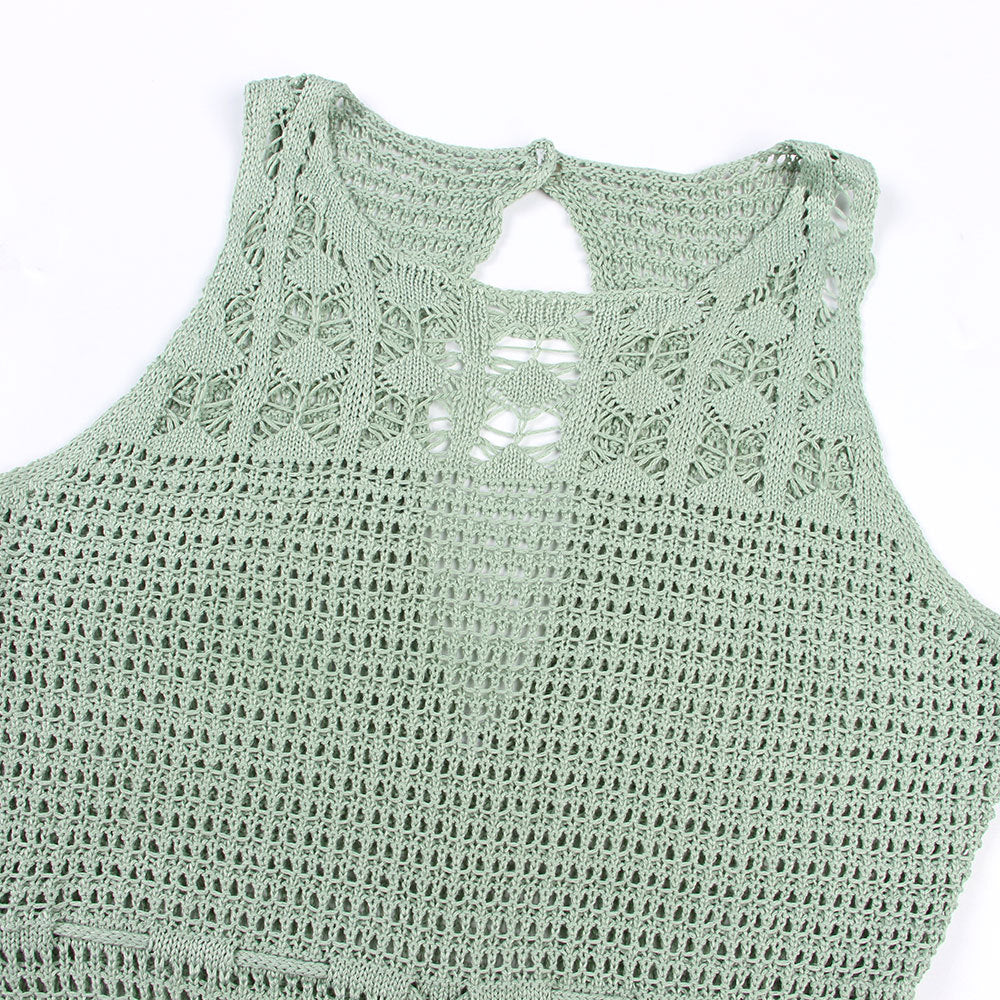 Tassel Hem Open Crochet Maxi Dress - Green - 4