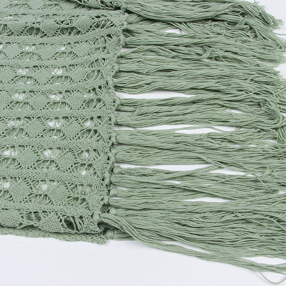 Tassel Hem Open Crochet Maxi Dress - Green - 6
